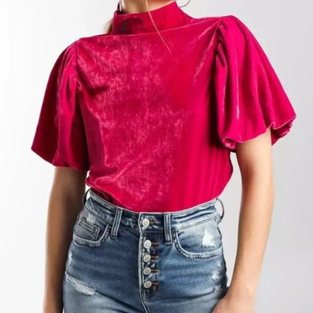 Free People Pink Fuchsia Puff Sleeve Blouse with Mandarin Collar
